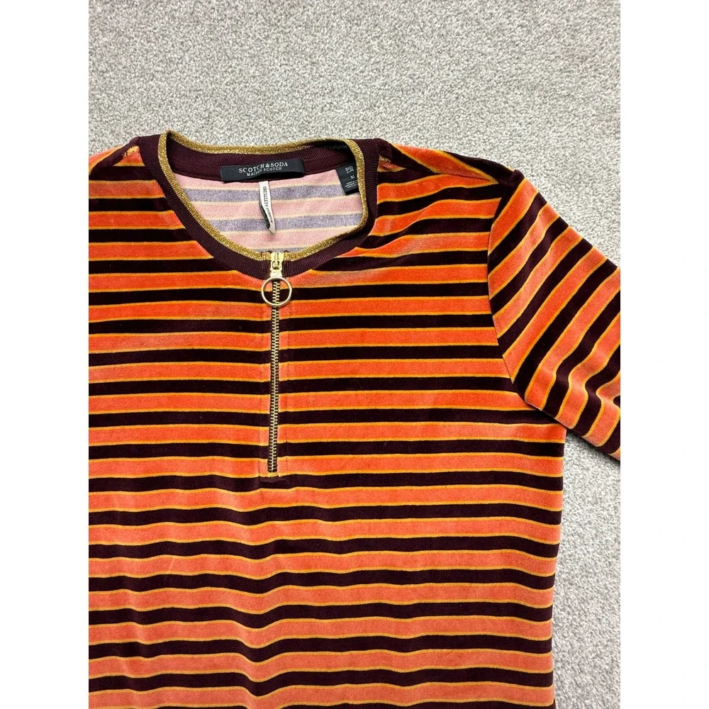 Scotch Soda Maison Striped Velvet‎ Zip Neck Dress Orange Burgundy M